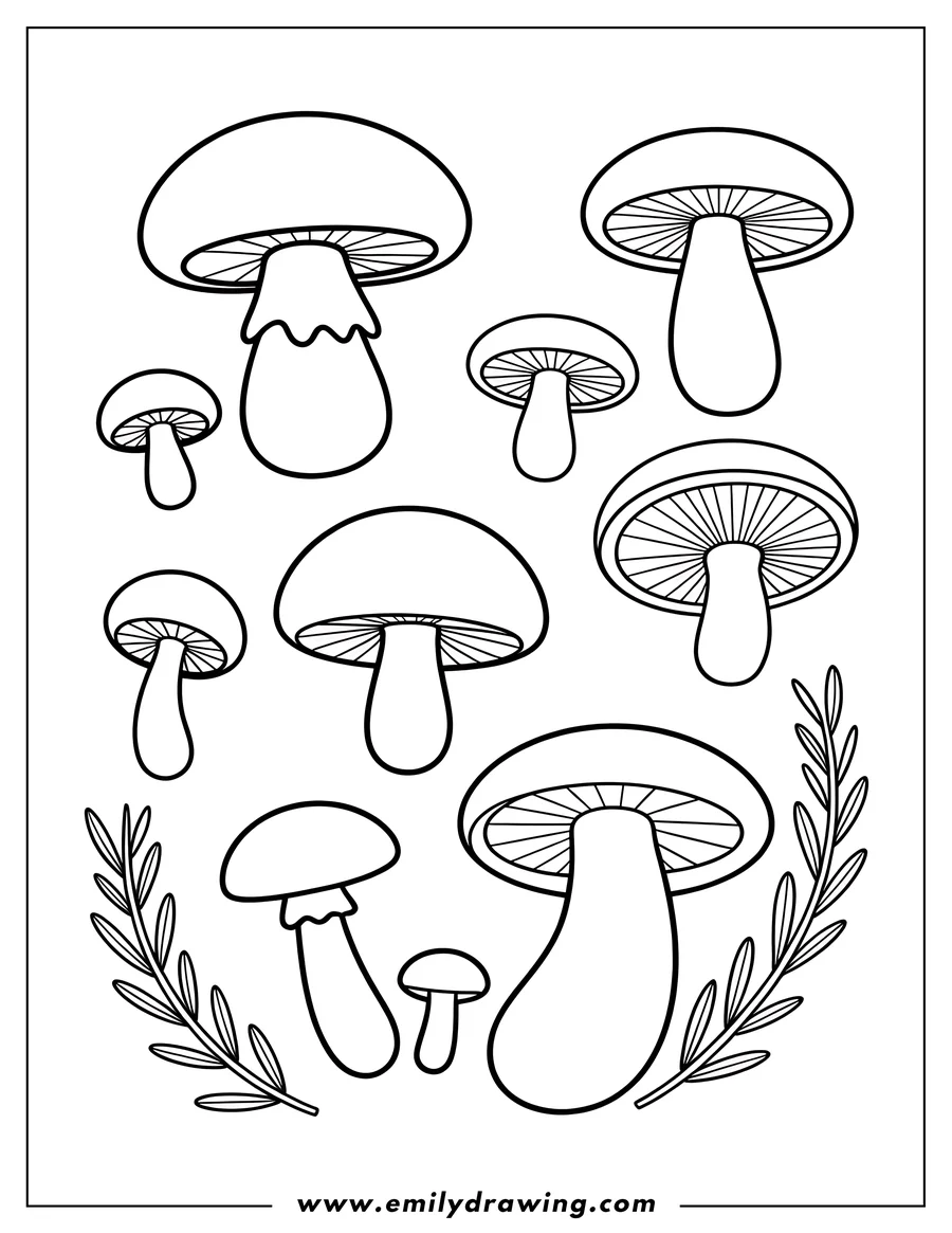 Simple line art of various mushrooms, ready to be colored. They are different sizes and shapes.