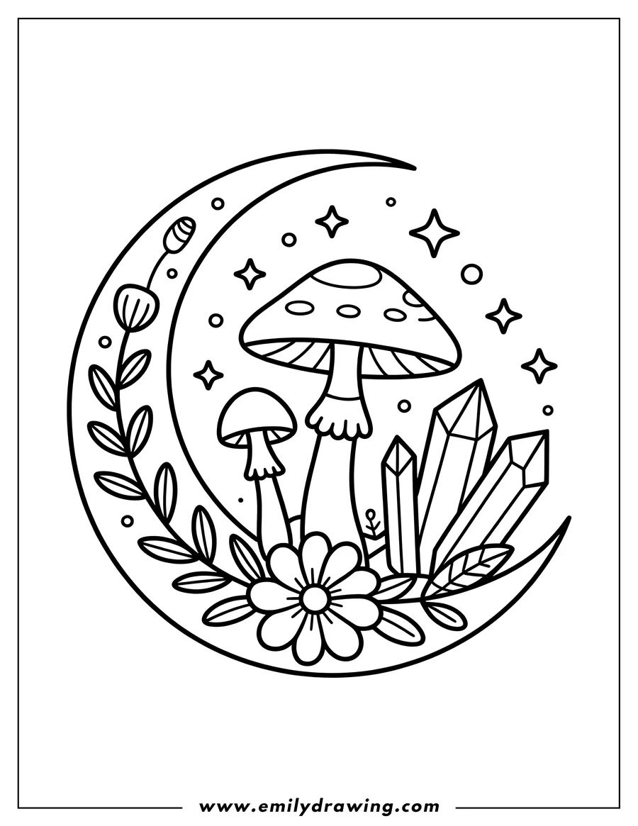 Line art illustration of two mushrooms, crystals, a flower, leaves, and small stars arranged on a crescent moon.