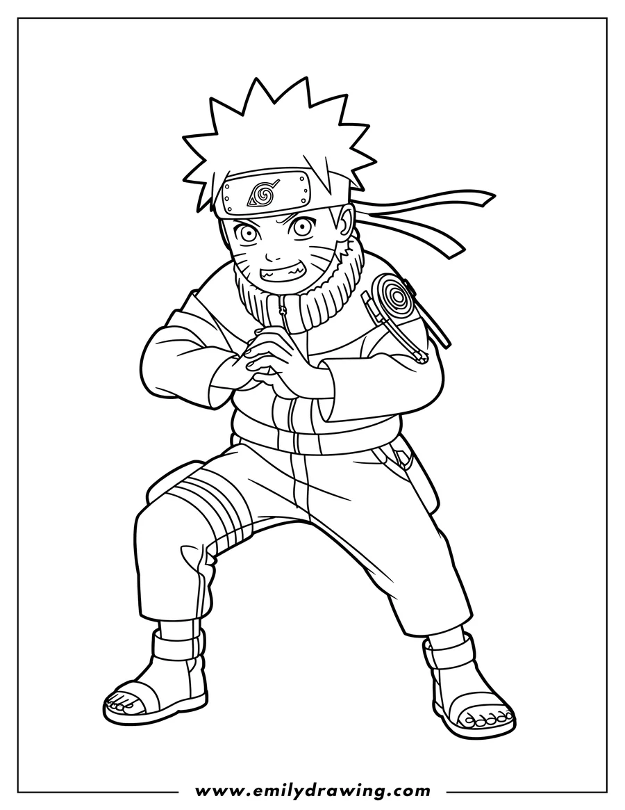Line art of Naruto Uzumaki from the anime series in an action pose, ready for battle.
