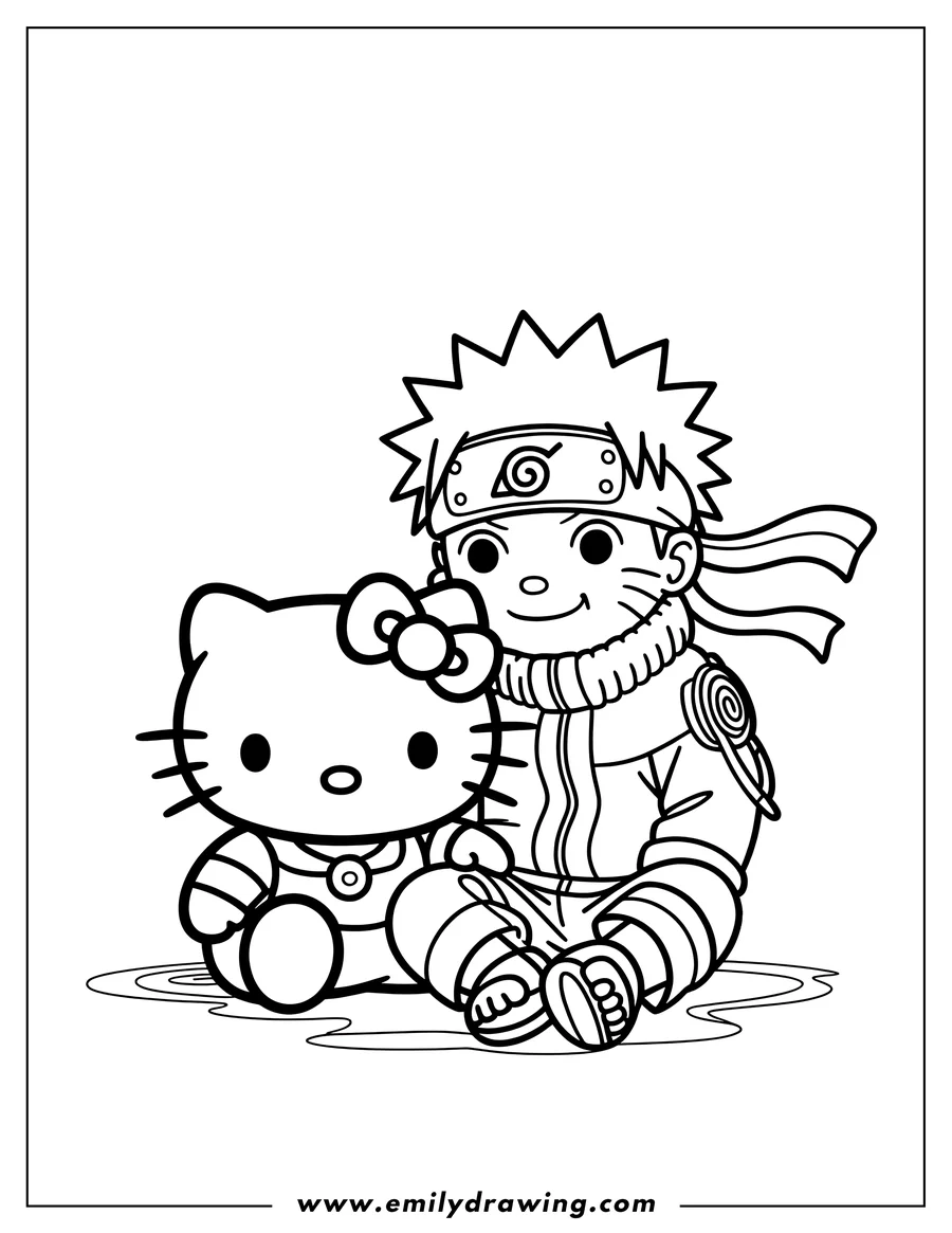 Outline of Naruto and Hello Kitty sitting side by side.