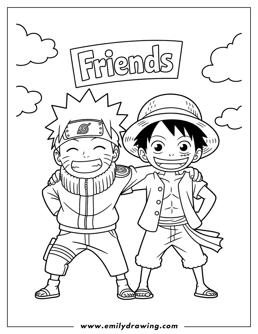 Line art of Naruto and Luffy, arms around each other, smiling. The word