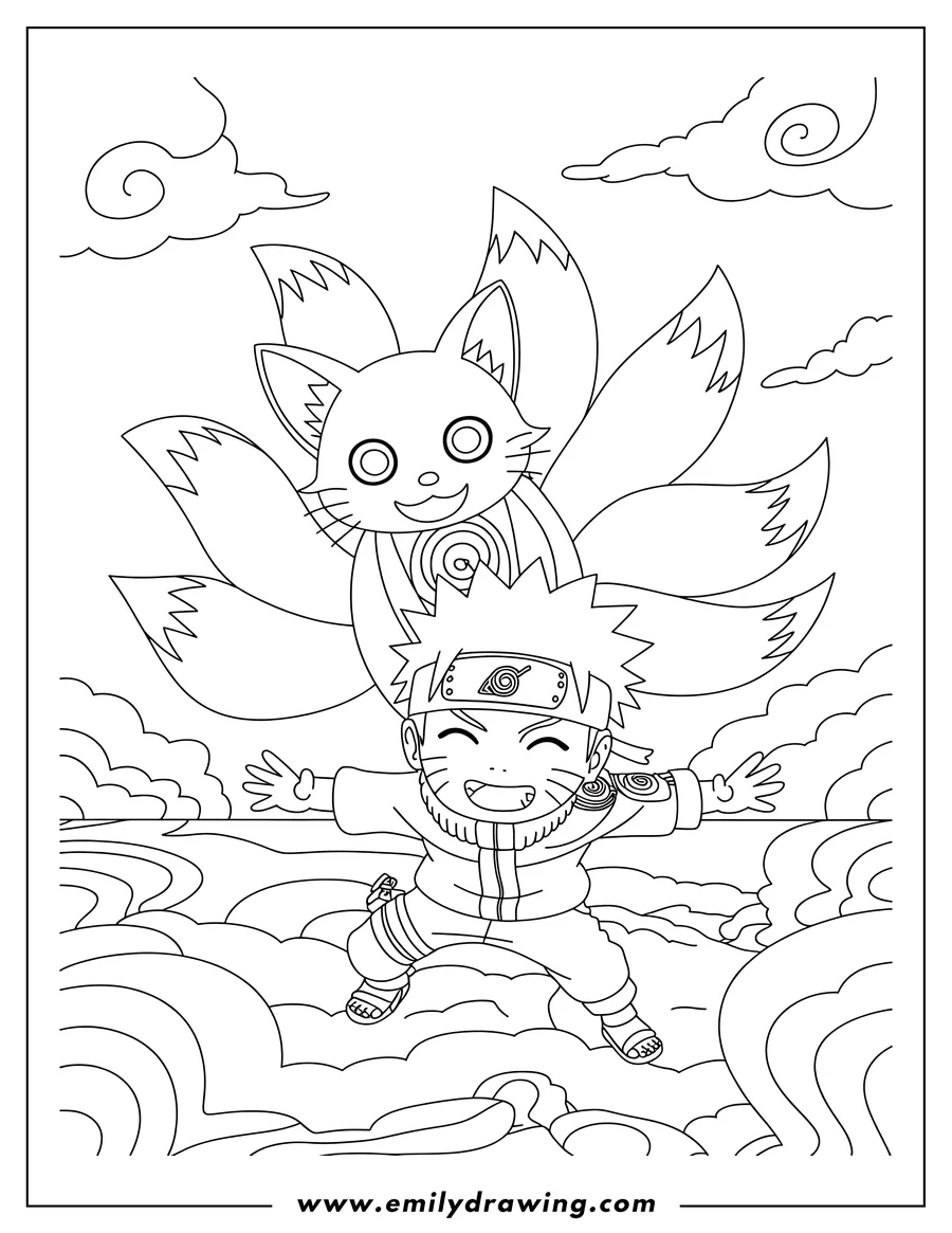 Line art of Naruto with the Nine-Tailed Fox. They are both smiling and look happy. Naruto has his arms outstretched, while the fox's many tails swirl around him.