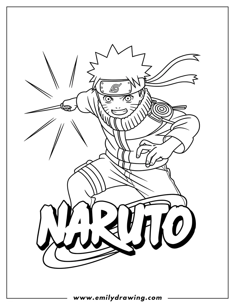 Line art of Naruto from the anime series, in an action pose with a kunai.