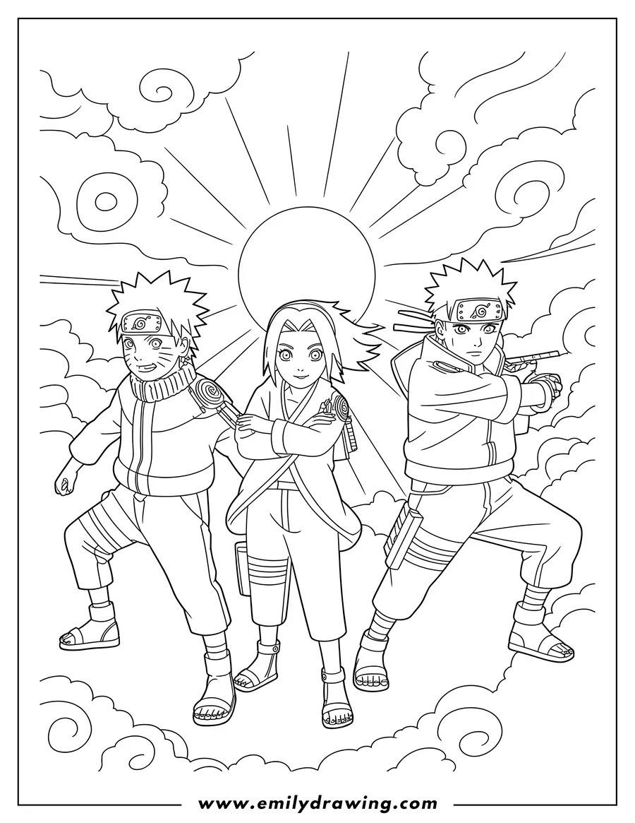 Line art of three Naruto characters ready for action against a backdrop of swirling clouds and sun.
