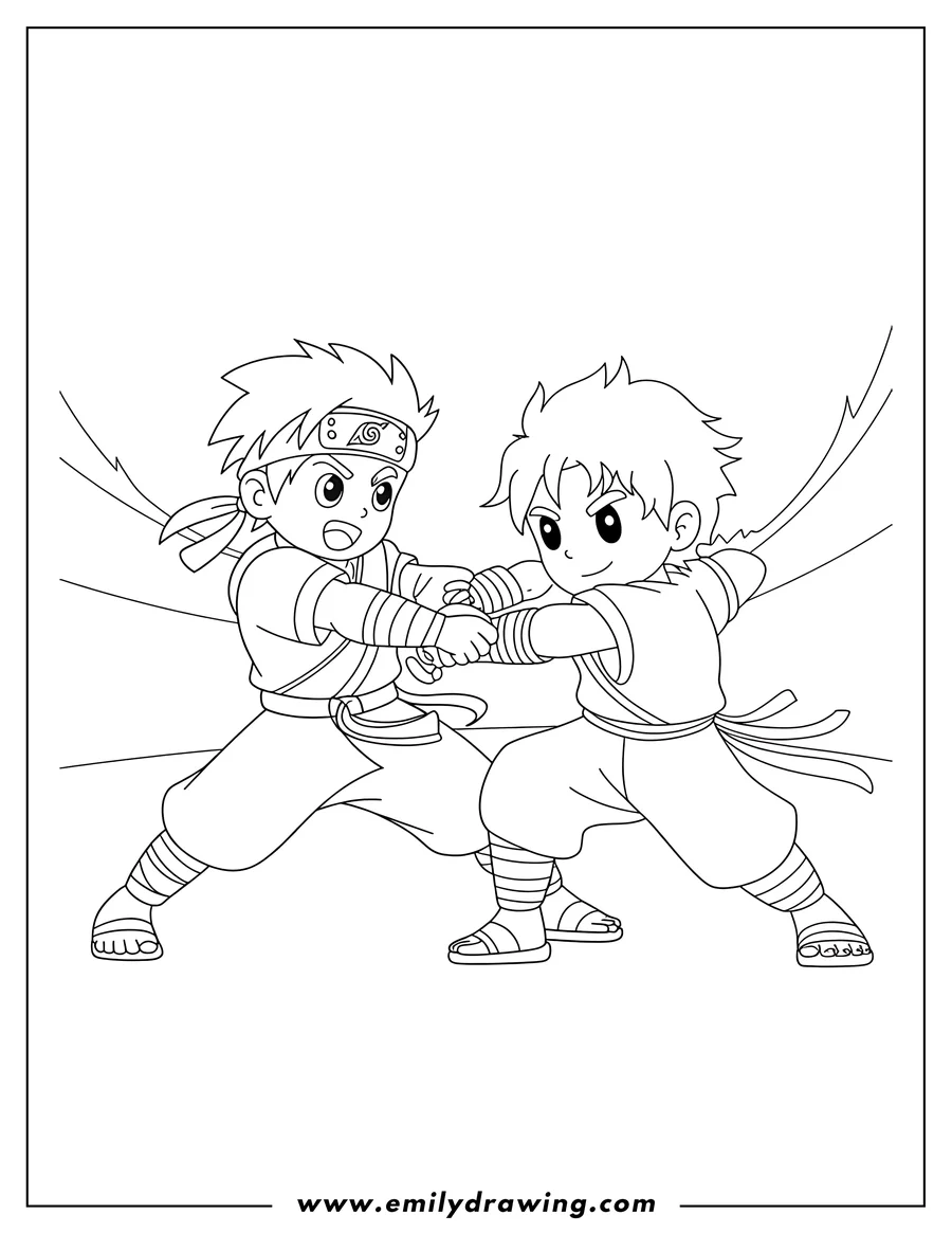 Outline of two Naruto characters sparring, possibly practicing a martial arts move.