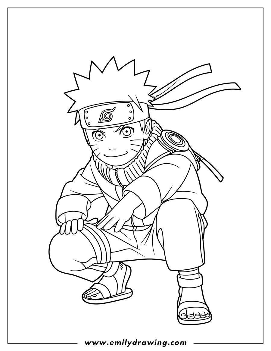 Line art of Naruto Uzumaki from the anime Naruto crouching down, ready for action.