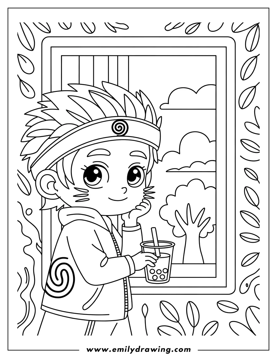 Line art of Naruto, wearing a headband and hoodie, holding a glass of boba tea and looking out a window with a tree and clouds visible outside.