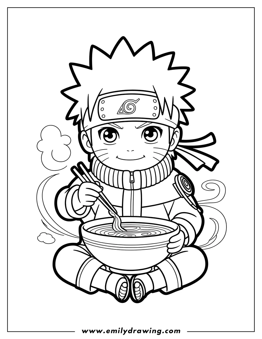 Outline of Naruto eating a bowl of ramen.