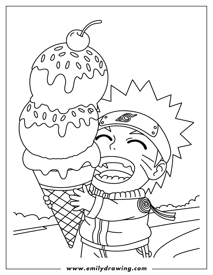 Outline of Naruto Uzumaki happily holding a large ice cream cone with sprinkles and a cherry on top.