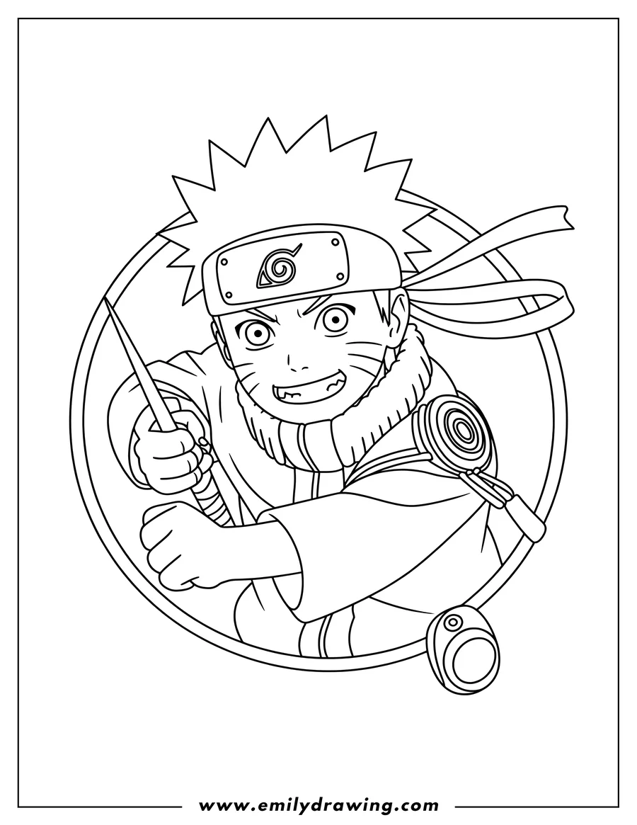 Line art of Naruto Uzumaki from the anime Naruto, holding a kunai and wearing his signature headband and outfit.
