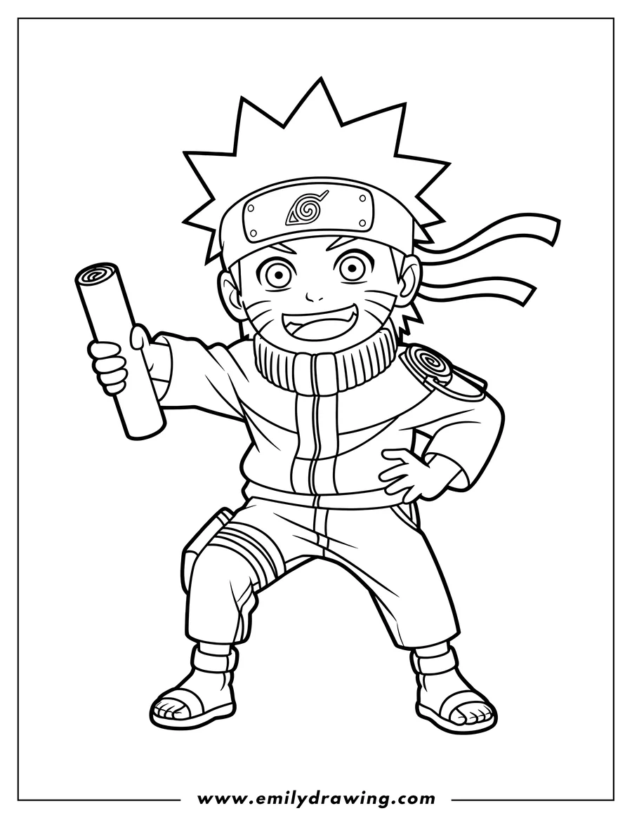 Line art of Naruto, a young ninja, holding a scroll and wearing his signature headband.