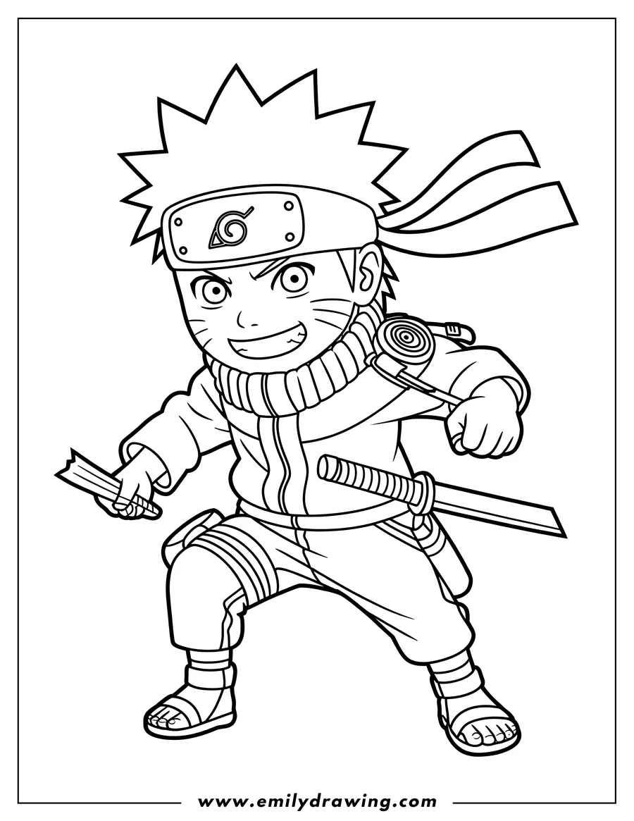 Line art of Naruto Uzumaki, the anime ninja, in a dynamic pose, ready for action. He wears his signature headband and spiky hair and holds ninja tools.