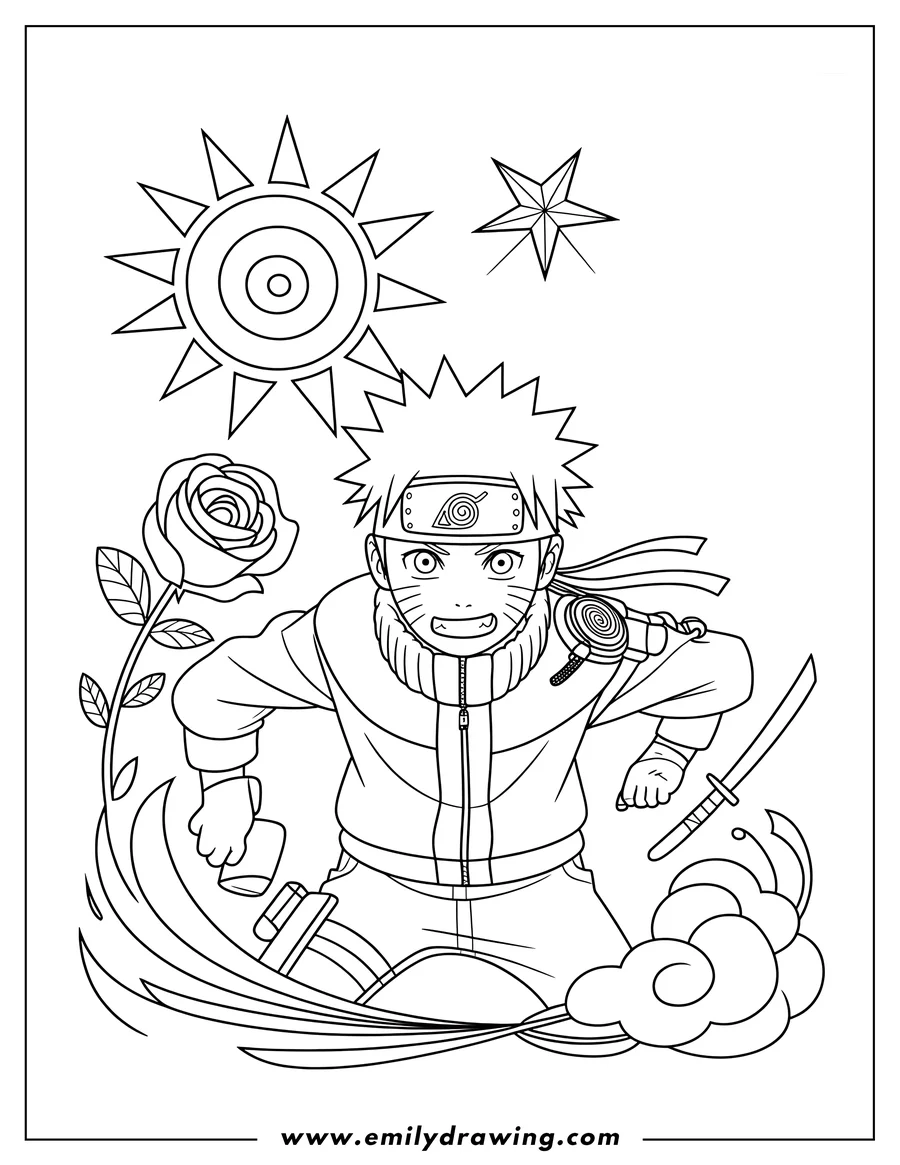 Line art of Naruto from the anime series, holding a kunai and with a sword at his side. He's depicted with a determined expression, a sun, star, and rose in the background.