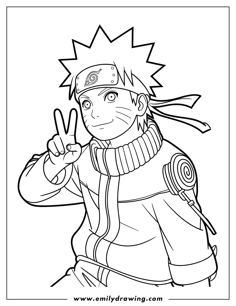 Line art of Naruto from the anime series, making a peace sign with his hand. He wears his signature ninja headband and outfit.