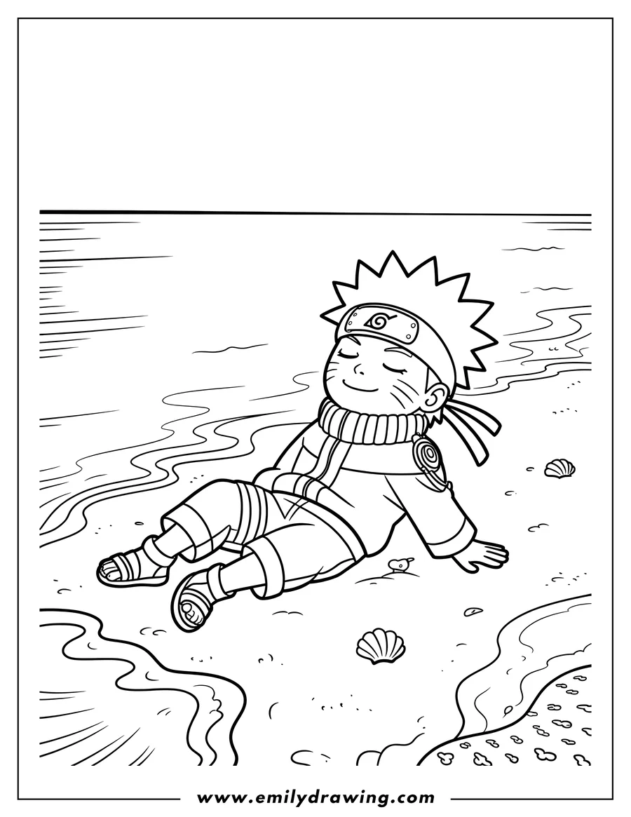 Outline of Naruto, from the popular anime series, relaxing on a sandy beach with seashells nearby. He is wearing his signature orange ninja outfit and headband.