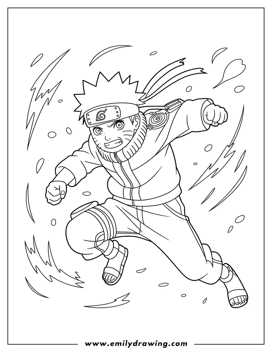 Line art of Naruto Uzumaki running, with stylized wind effects swirling around him.
