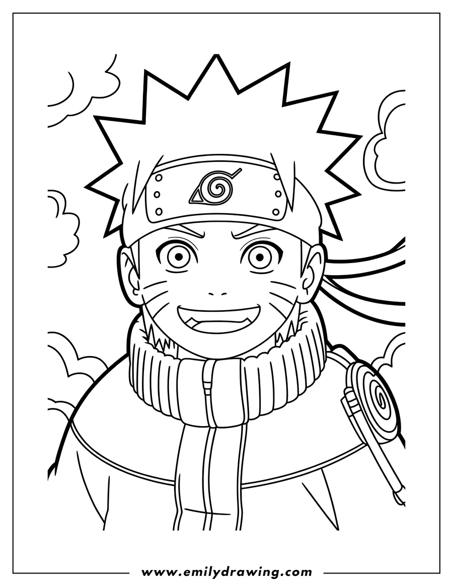 Line art of Naruto from the popular anime series, smiling brightly. He wears his signature headband and jacket.