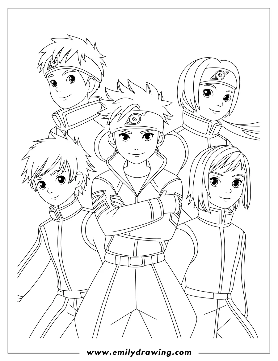 Line art of a group of young ninja, possibly the main characters from Naruto, ready for coloring.