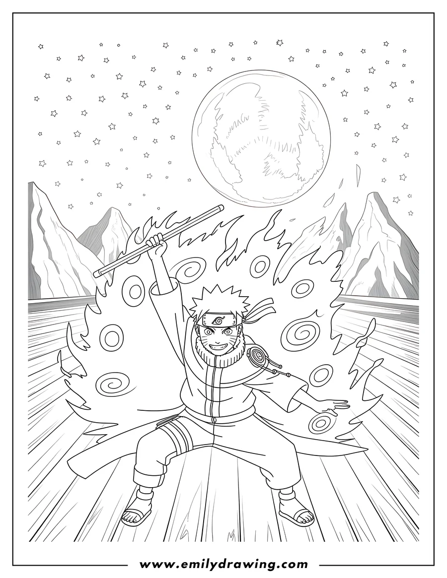 Line art of Naruto from the anime series Naruto using his Rasengan jutsu under the moonlight.