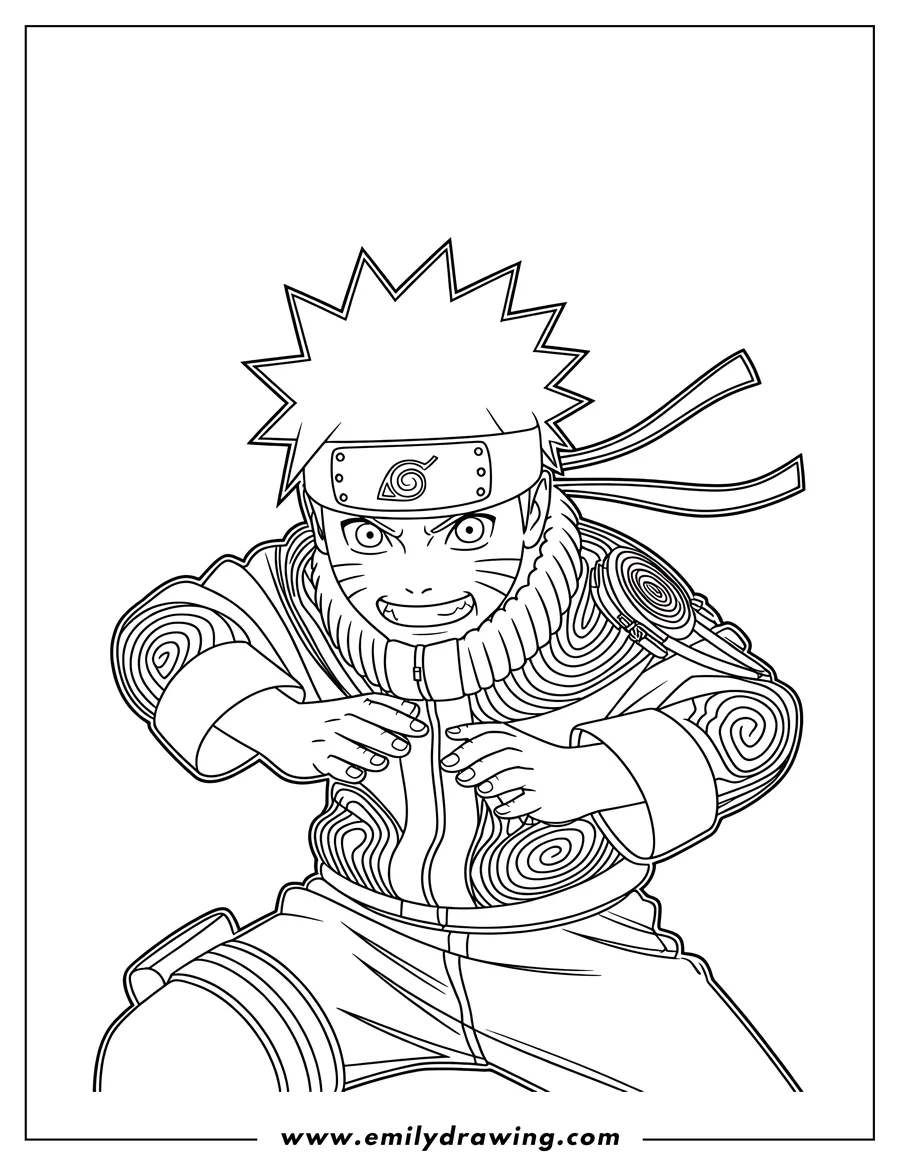 Line art of Naruto Uzumaki from the anime Naruto, in a dynamic pose, ready for action.