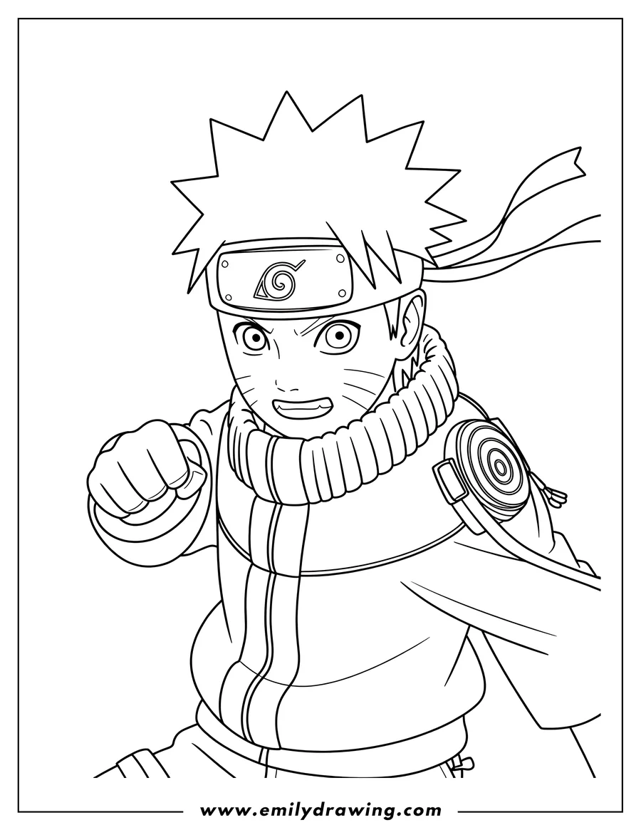 Line art of Naruto Uzumaki from the anime Naruto, ready to fight with a determined expression and his fist clenched.