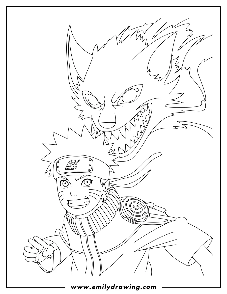 Outline of Naruto Uzumaki with Kurama, the Nine-Tailed Fox, looming behind him.