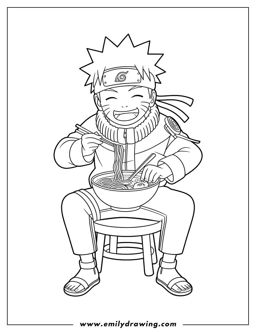 Line art of Naruto Uzumaki happily enjoying a bowl of ramen. He's sitting on a small stool, using chopsticks, and has a content expression.