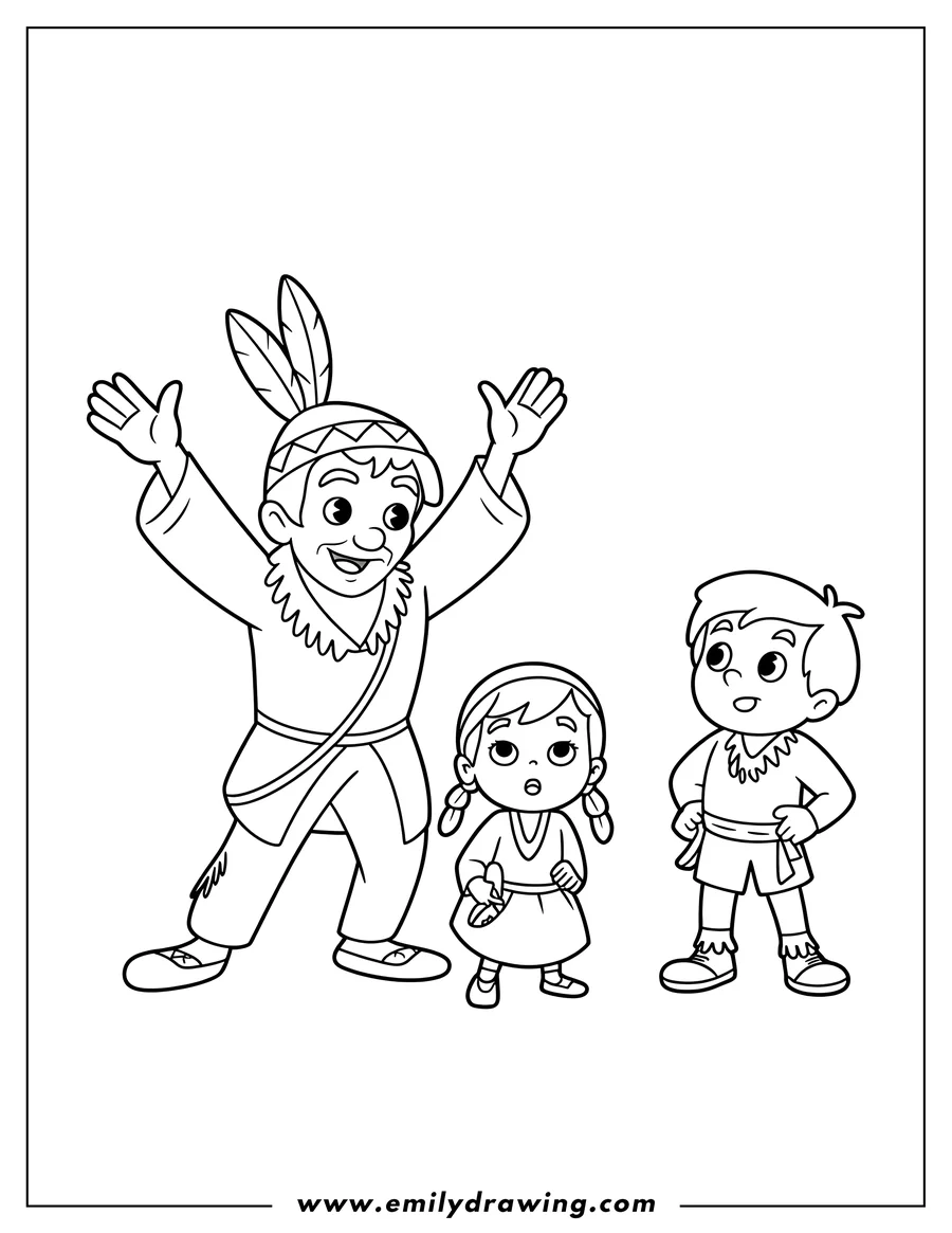 Line art of a Native American with two children, a girl and a boy. They appear to be dressed in traditional clothing.