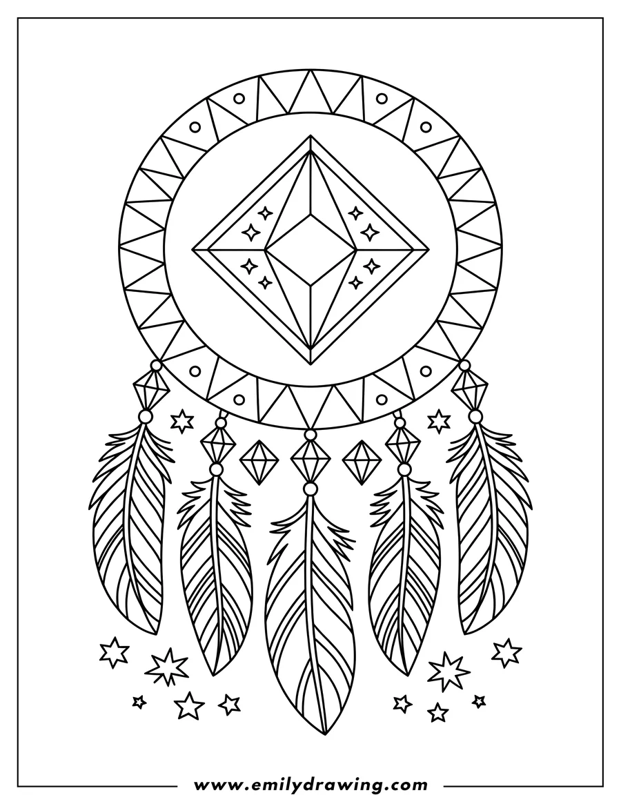 Outline of a Native American dreamcatcher with feathers, beads, and jewels.