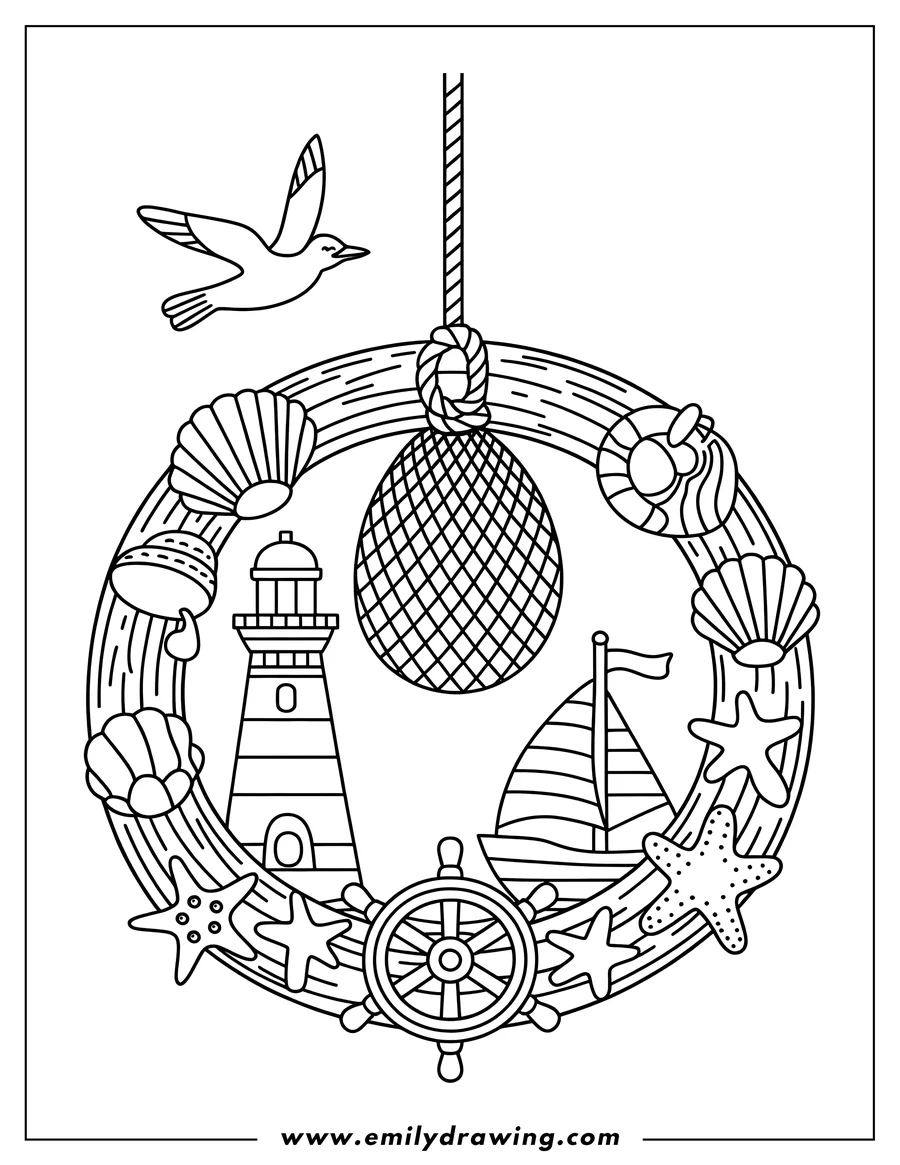 Line art of a nautical-themed wreath with seashells, starfish, a lighthouse, a sailboat, a float, and a seagull flying above.