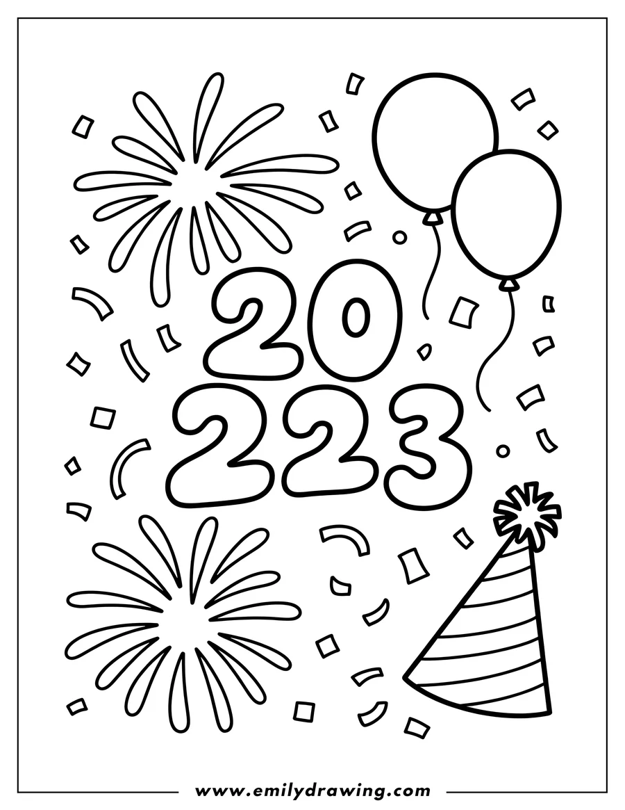 Outline of New Year's Eve fireworks, balloons, confetti, and a party hat for the year 2023.
