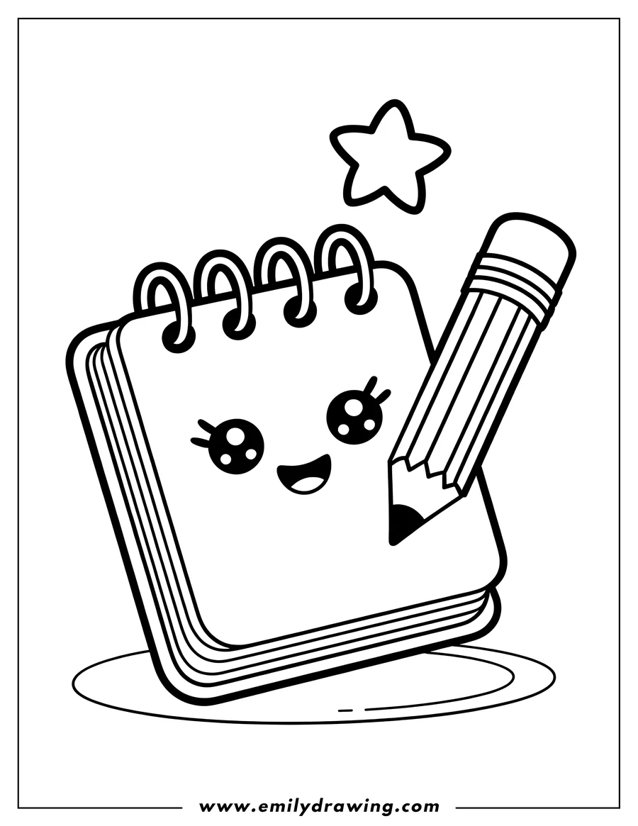 Line art of a cute notepad with a smiling face and a pencil beside it, ready for coloring.