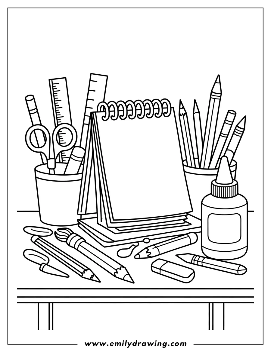 Line art of a notepad surrounded by various school supplies on a desk, including pencils, crayons, scissors, rulers, glue, paintbrushes, and an eraser.