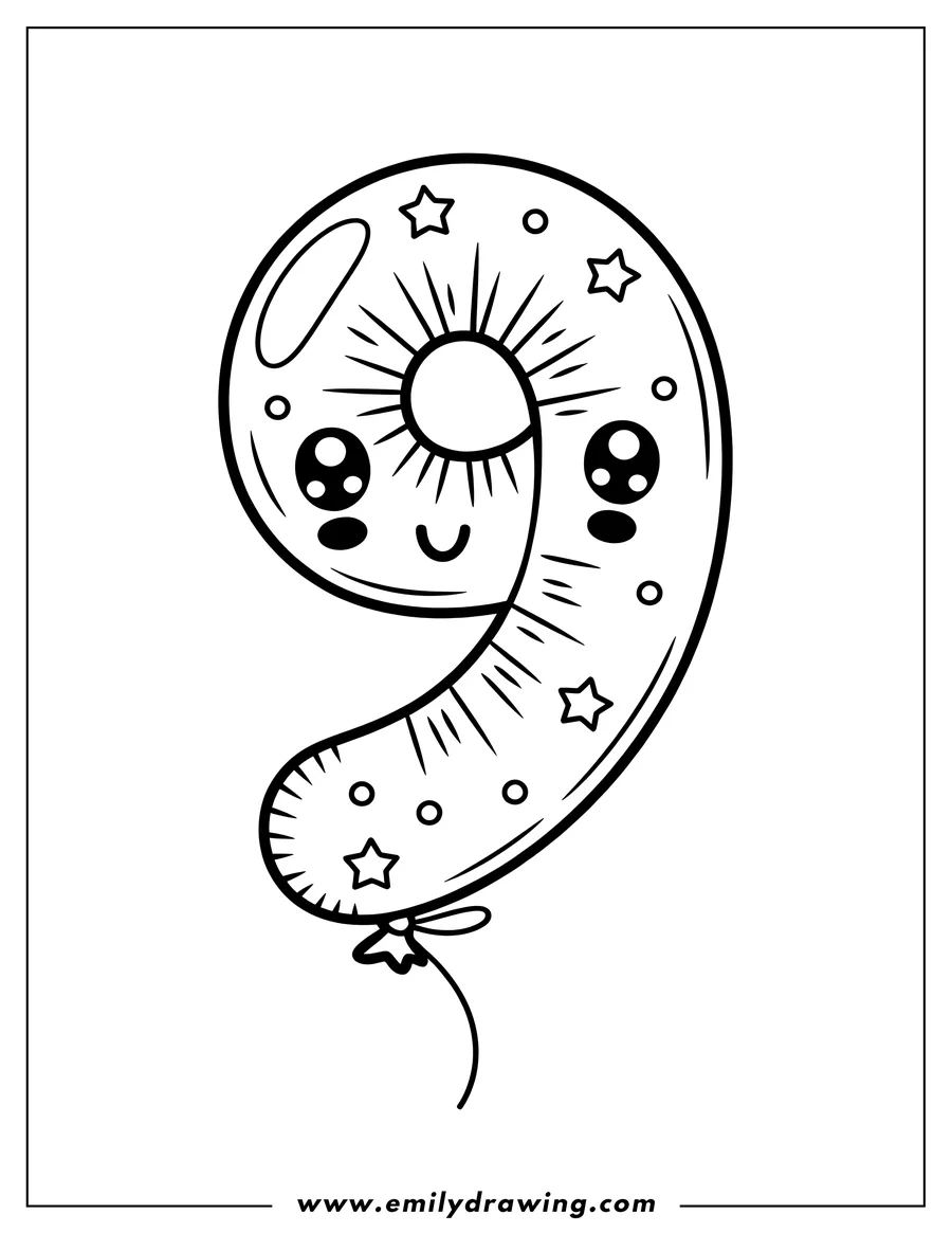 Outline of a number nine shaped balloon with a cute smiling face and stars.