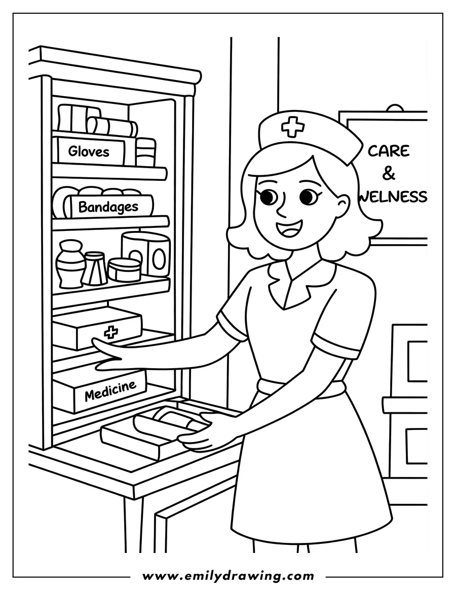 Outline of a nurse standing by a medicine cabinet, holding medical supplies.