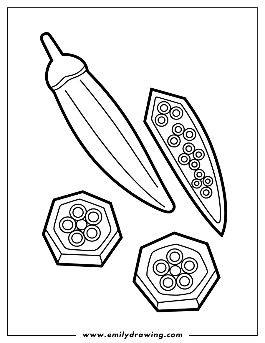 Line art of an okra and two slices of okra, showing the seeds inside.