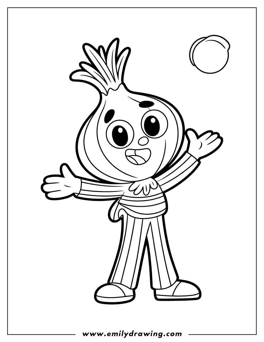 Line art of an anthropomorphic onion wearing striped pants and shoes, playing with a ball. 
