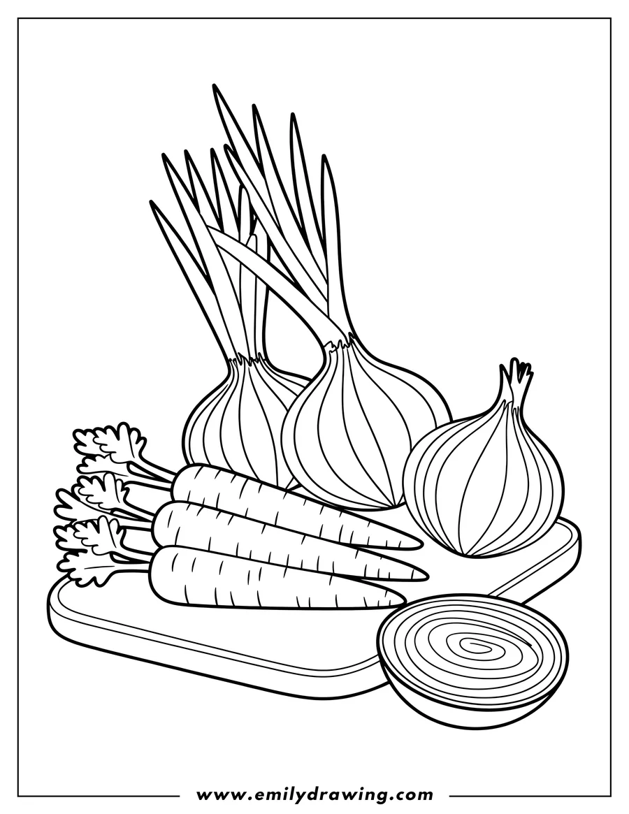 Line art of carrots and onions on a cutting board. One onion is sliced in half.