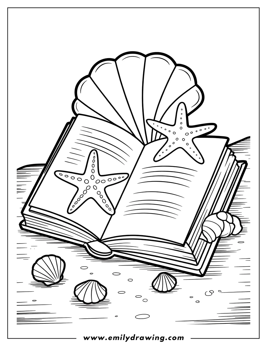 Line art of an open book on the sand with seashells and starfish resting on the pages and scattered around. Perfect for a relaxing summer coloring activity.