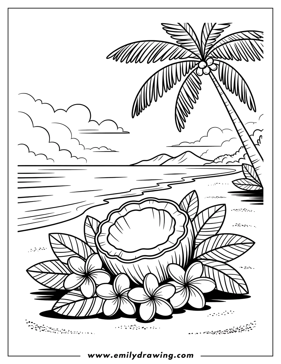 Outline of an open coconut surrounded by plumeria flowers and leaves on a sandy beach near the ocean with a palm tree and distant hills.