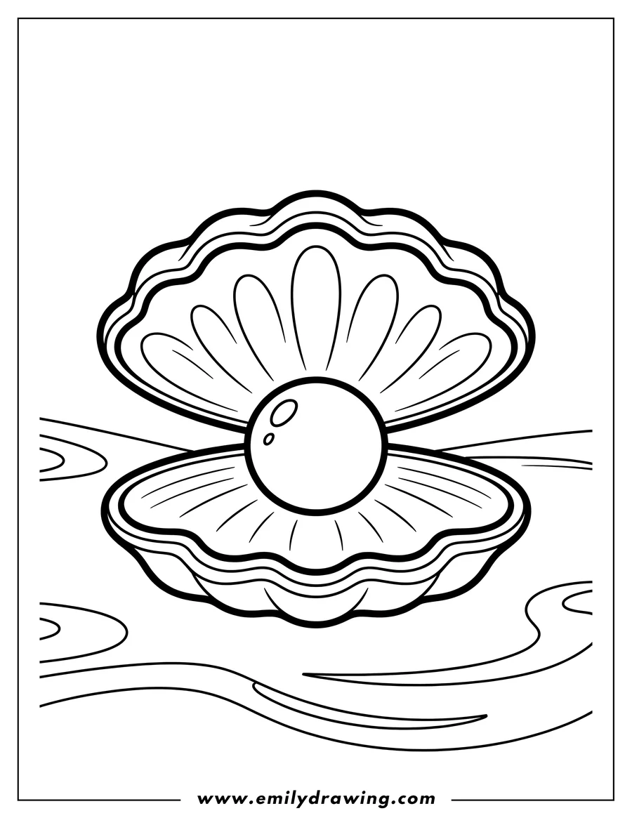Line art of an open seashell with a pearl inside, resting on the seabed.