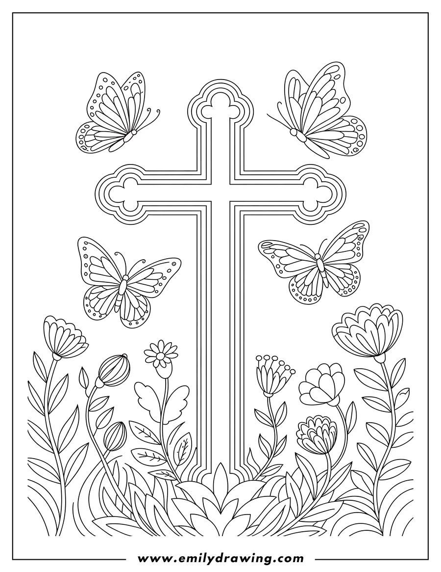 Outline of an ornate religious cross surrounded by four detailed butterflies fluttering above a dense bed of garden flowers.
