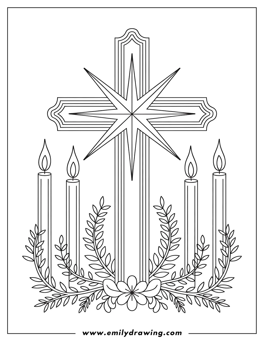 Outline of an ornate Christian cross featuring a large eight-pointed star at the center. Four lit candles stand symmetrically flanking the cross, above a detailed wreath of leaves and a central flower.