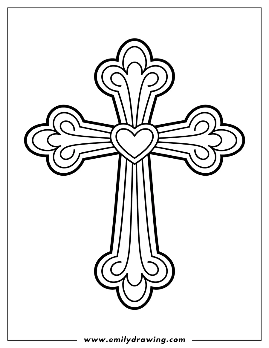 Outline of a decorative Christian cross featuring elaborate flourishes and a heart centered where the beams meet.