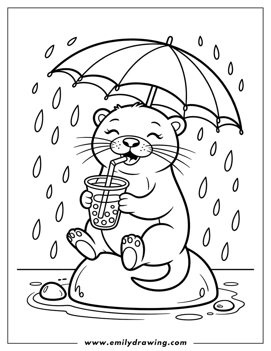 Line art of an otter sitting on a rock, holding bubble tea and an umbrella in the rain.