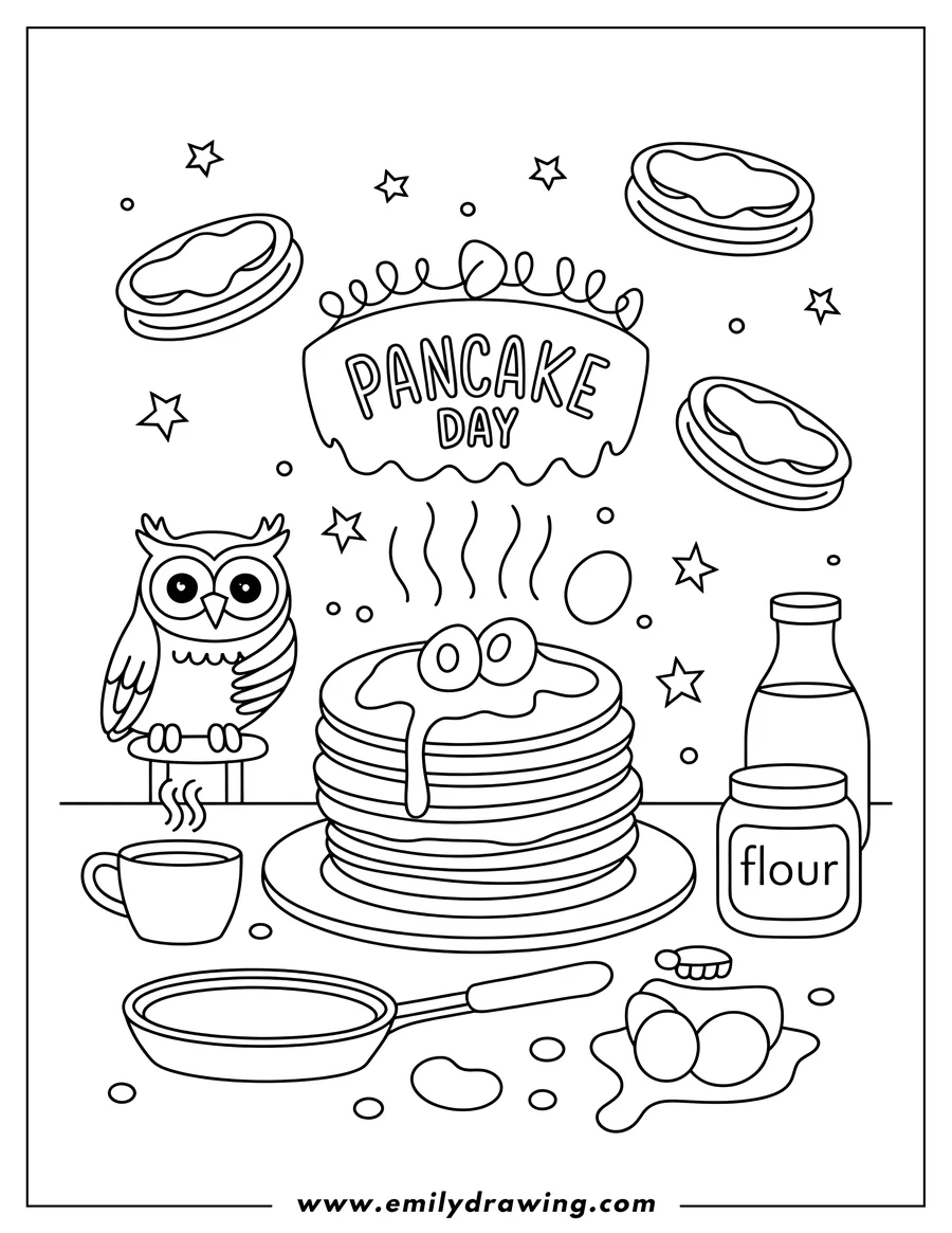 Line art illustration of a cute owl with pancakes, coffee, ingredients and Pancake Day sign.