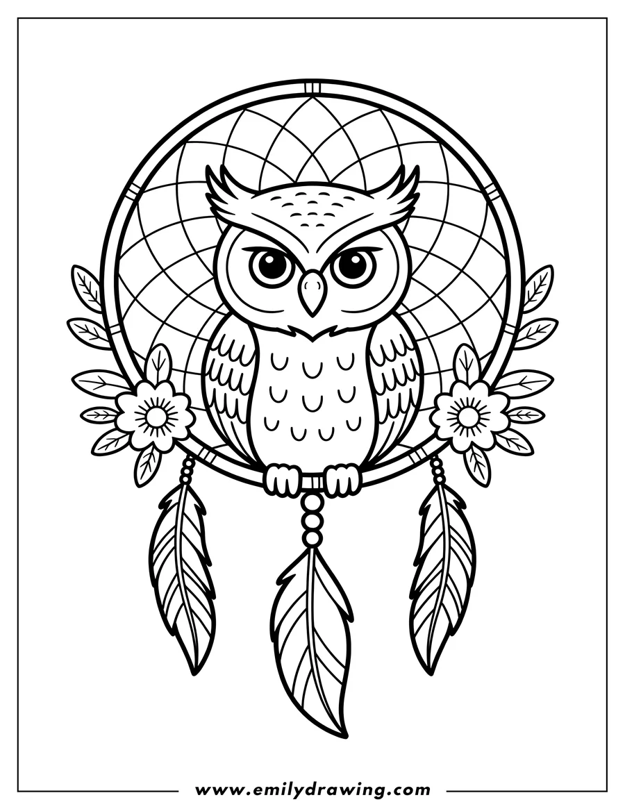 Outline of an owl perched inside a dreamcatcher, adorned with feathers and flowers.