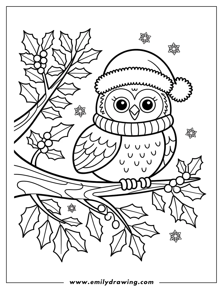 Line art of an owl wearing a Santa hat and scarf perched on a mistletoe branch with snowflakes in the background.