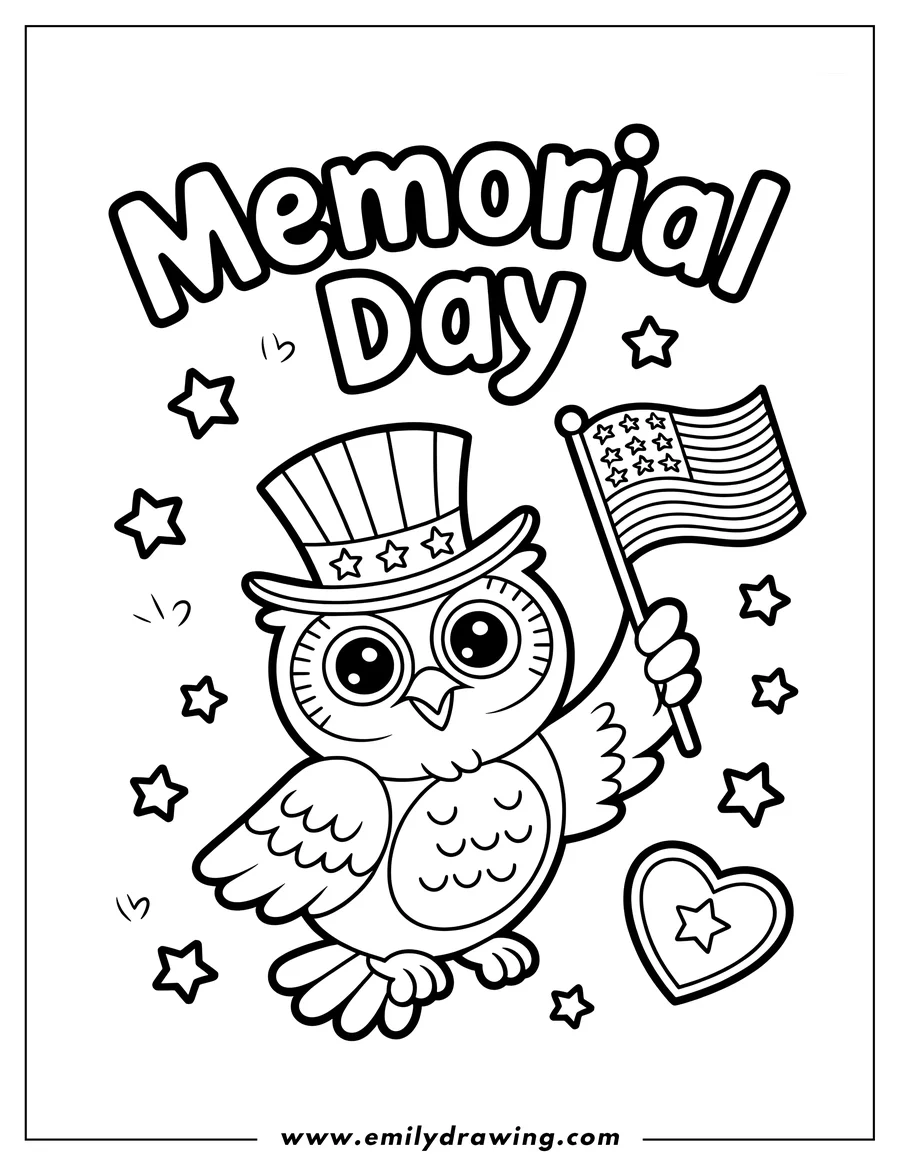 Line art of an owl wearing a patriotic top hat and holding a small American flag. Stars and a heart decorate the scene.