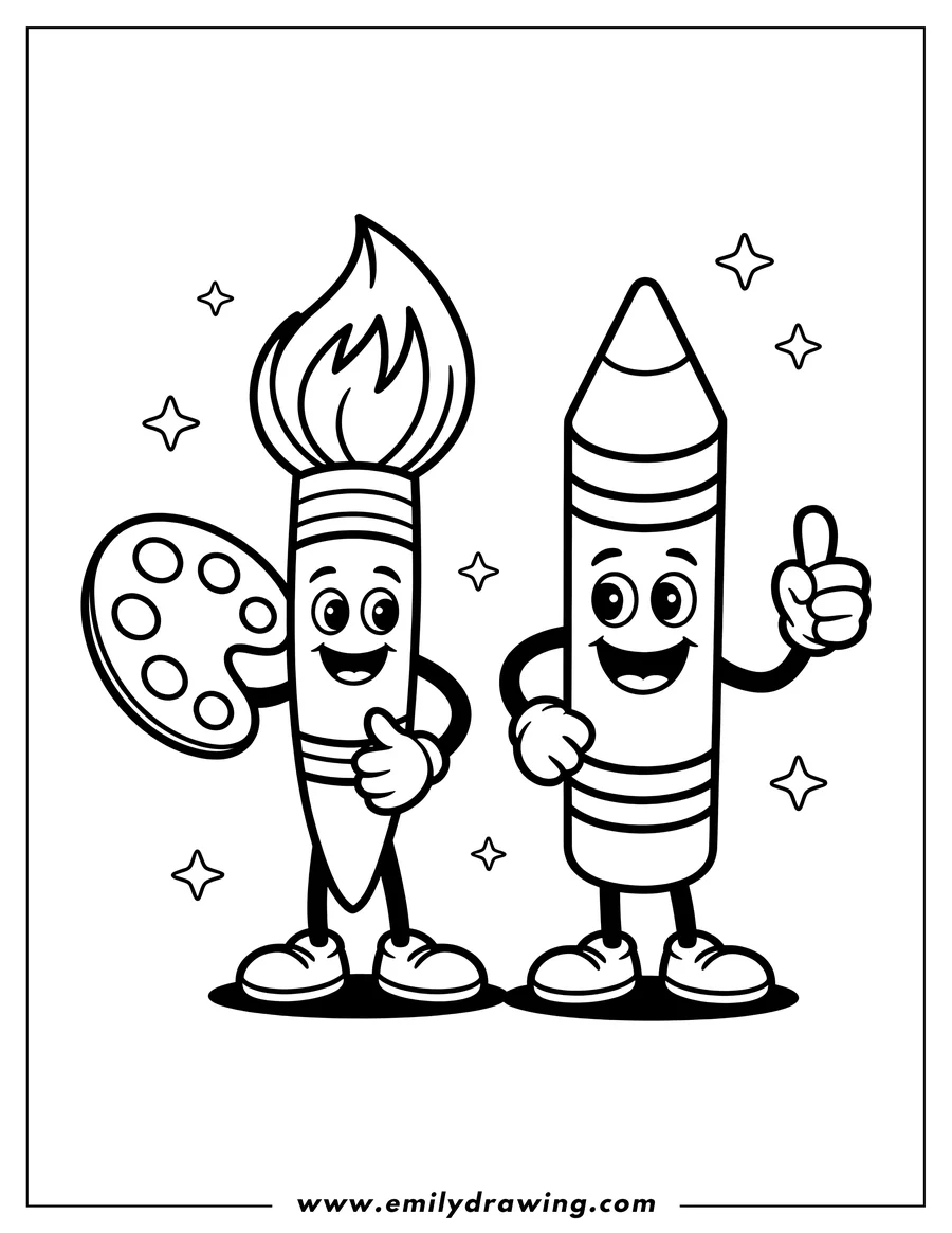 Line art of a paintbrush holding a palette and a crayon giving a thumbs up.